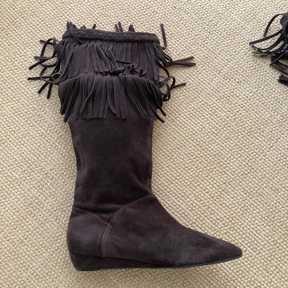 Giani Bini Dark Brown Suede Leather  Fringed Wedge Mid Calf Boot 8.5M - Picture 5 of 12